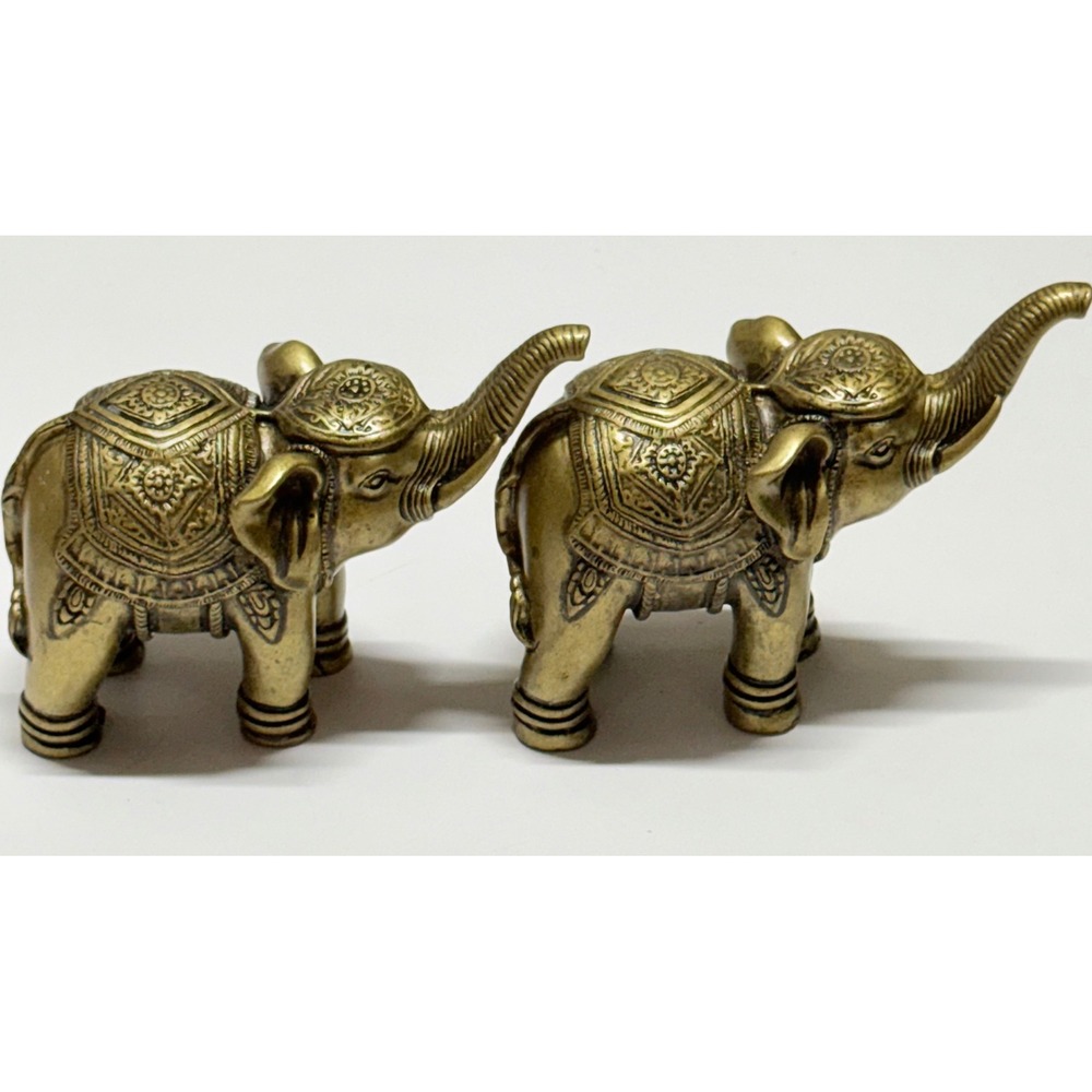Vintage Brass Elephant Figurines Set of 2 Raised Trunk Good Luck Statues 4 Inch
